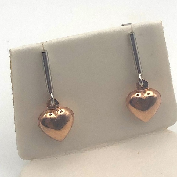 DYADEMA Sterling Silver & Rose Gold Plate Bar & Puffy Heart Stud Earrings 21mm - Picture 1 of 5